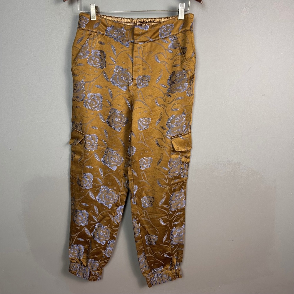 Anthropologie Devin Cargo Pants Small Brown Jacquard Metallic Floral Jogger - Picture 3 of 15